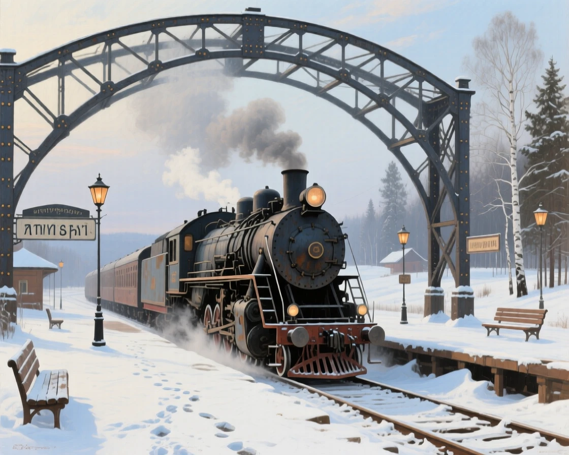 A medium shot of a steam train pulling into a station beneath a soaring iron archway, in the Russian countryside, under a fresh blanket of winter snow.