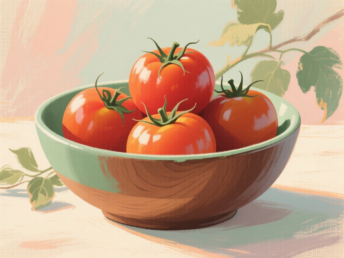 A wooden bowl filled with plump ripe tomatoes