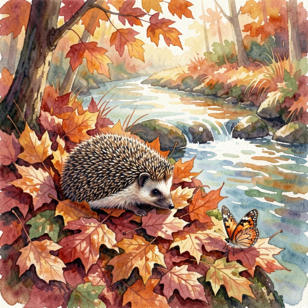 A hedgehog curled in autumn leaves beside a babbling brook with a butterfly resting nearby.