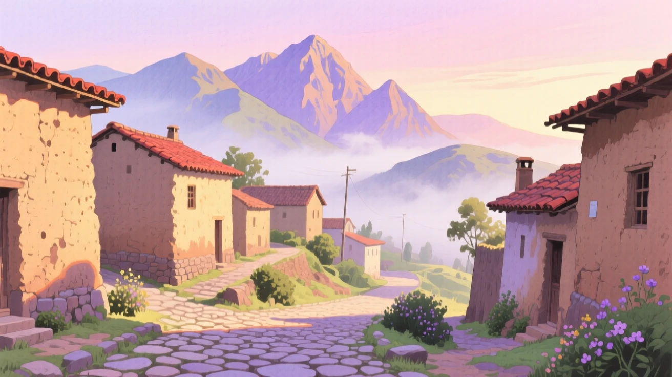 A picturesque view of a Andean mountain village with narrow cobblestone streets winding uphill, under a soft sunrise