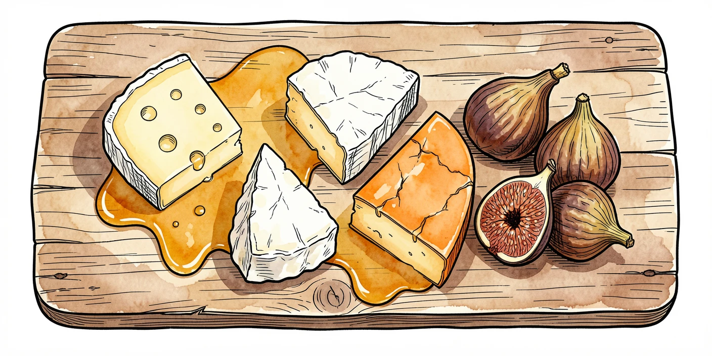 A cheese platter with honey drizzle and dried figs arranged on a rustic wooden board