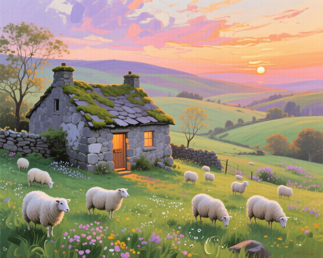a stone cottage surrounded by grazing sheep, at sunrise, with a balanced, spacious view of the surroundings.