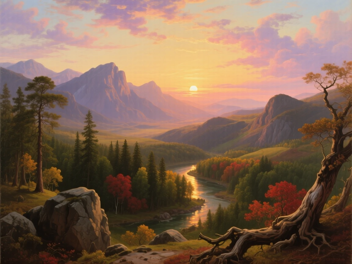 The sun rises behind distant mountains, casting long shadows across the valley.