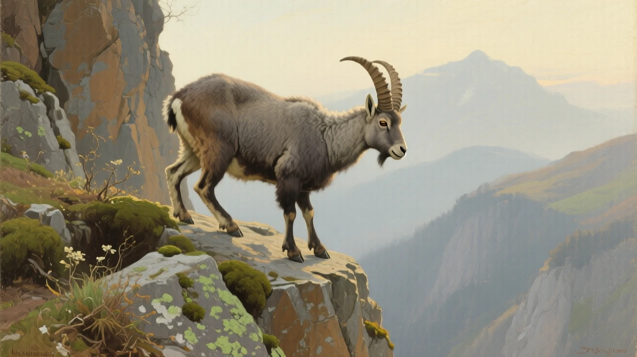 A mountain goat balancing effortlessly on a near-vertical cliff face, muscles tensed with powerful, controlled grace, celebrating the raw beauty and dignity of the animal kingdom