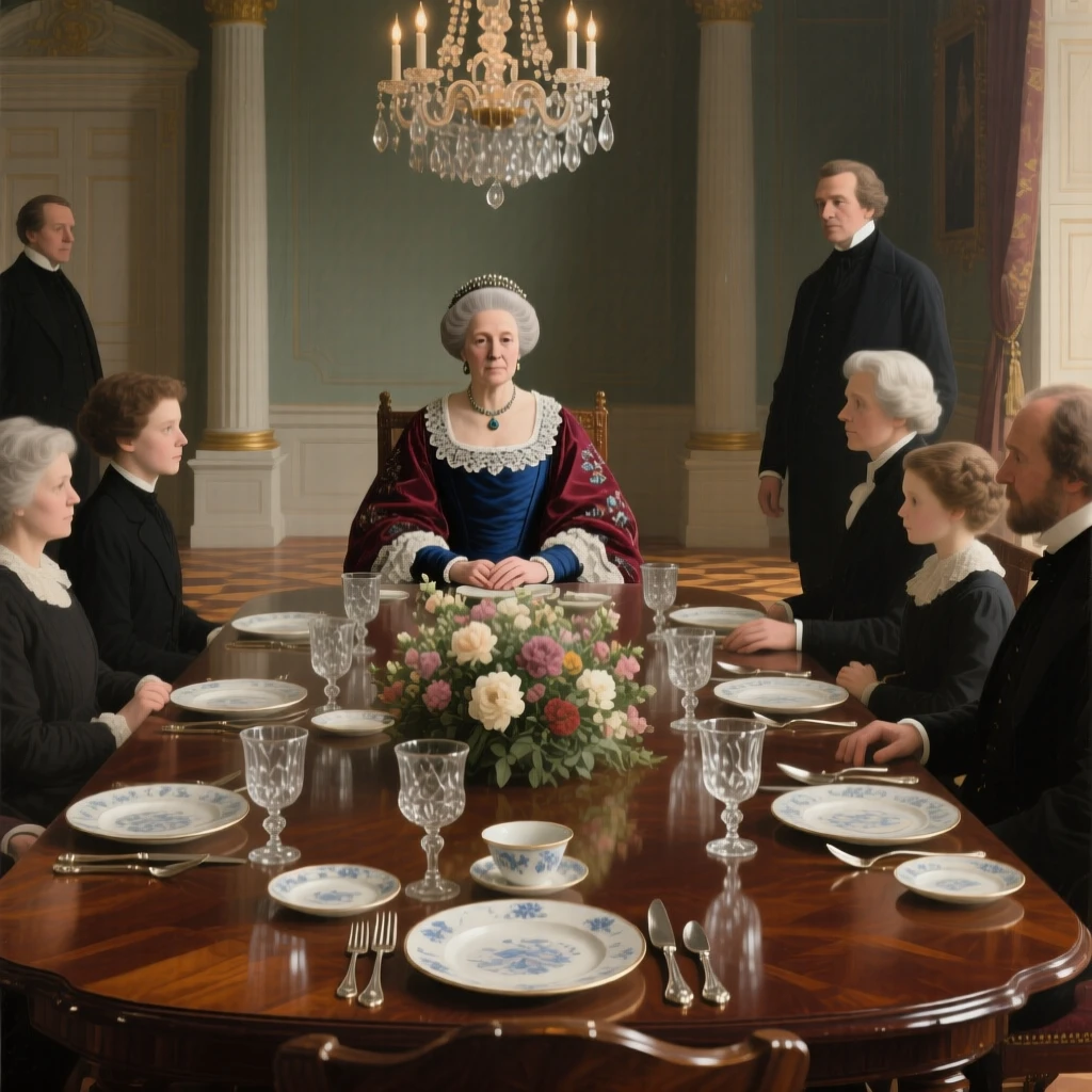 A dowager duchess presiding over an elegant dinner table during a rare and cherished family gathering, set in an opulent dining hall set with silver and crystal, with a grand chandelier casting warm light over polished parquet; rich architectural framing lends grandeur without crowding the figures, filled with quiet ceremony and inherited dignity.