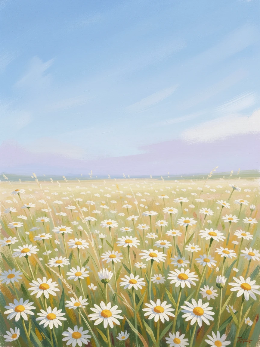 A field of wild chamomile swaying gently beneath a clear blue summer sky.