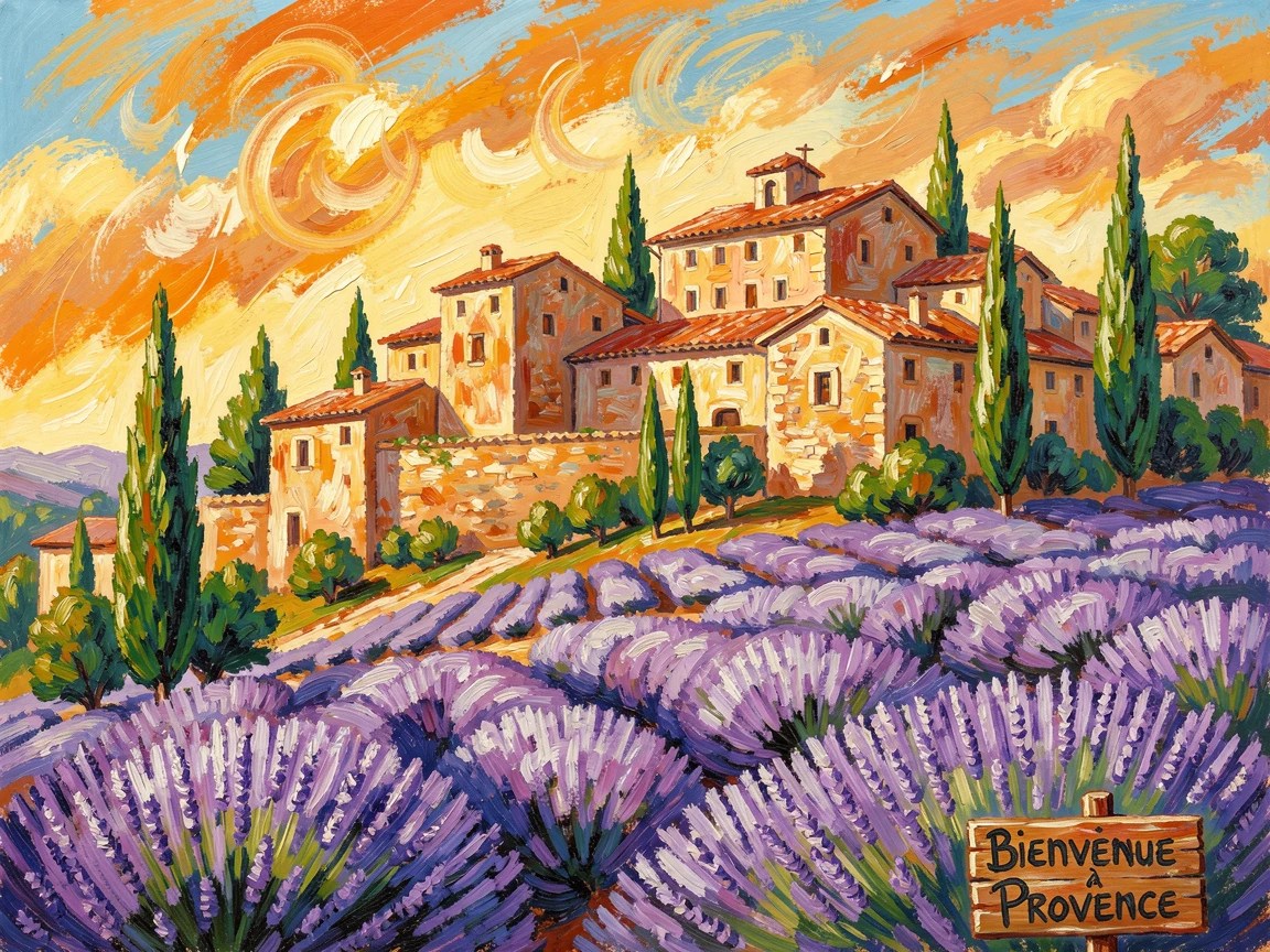 A hillside town in Provence with lavender fields spreading below its old stone walls.
