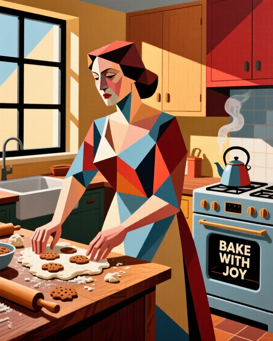 A woman baking cookies in a cozy kitchen filled with warm afternoon light.