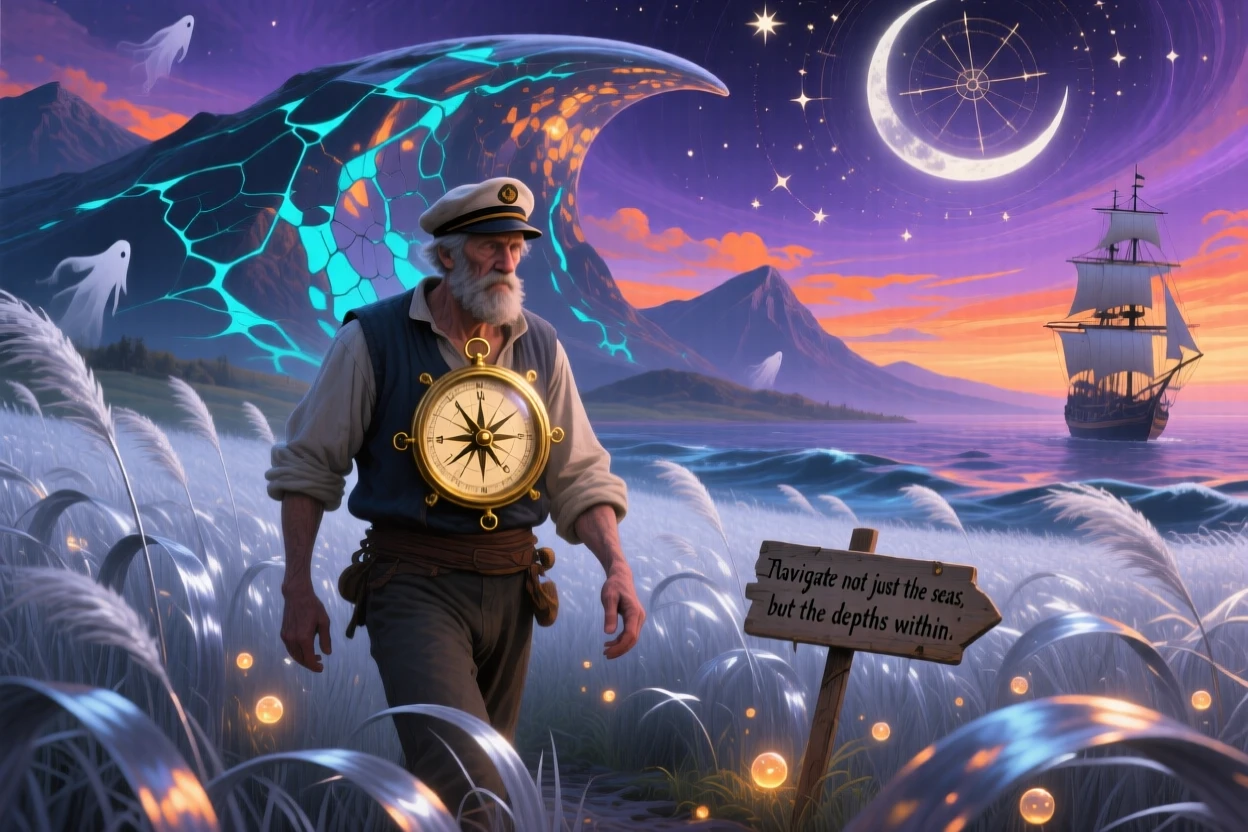 An old sailor with a compass embedded in his open chest walks slowly through a field of tall silver grass, while distant mountains bow slightly in their direction.