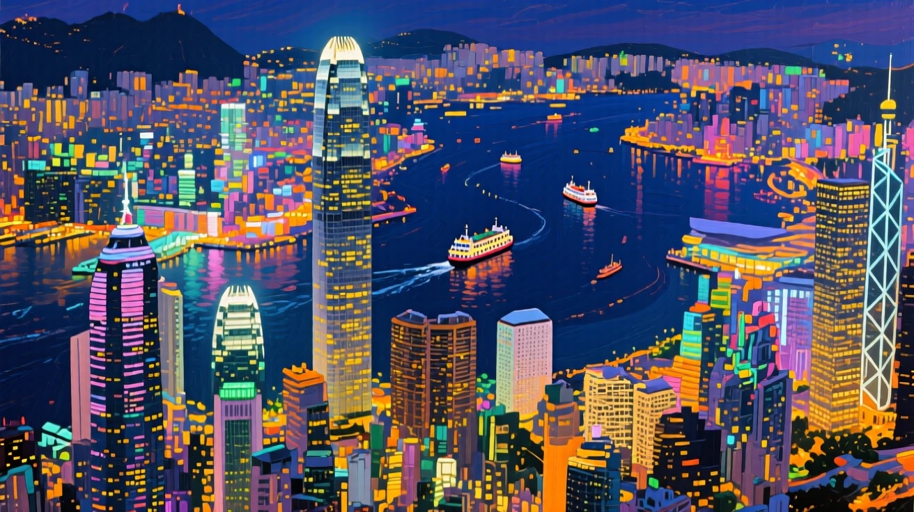 A dramatic aerial view of Hong Kong's harbor at night, ferries crossing between glowing towers
