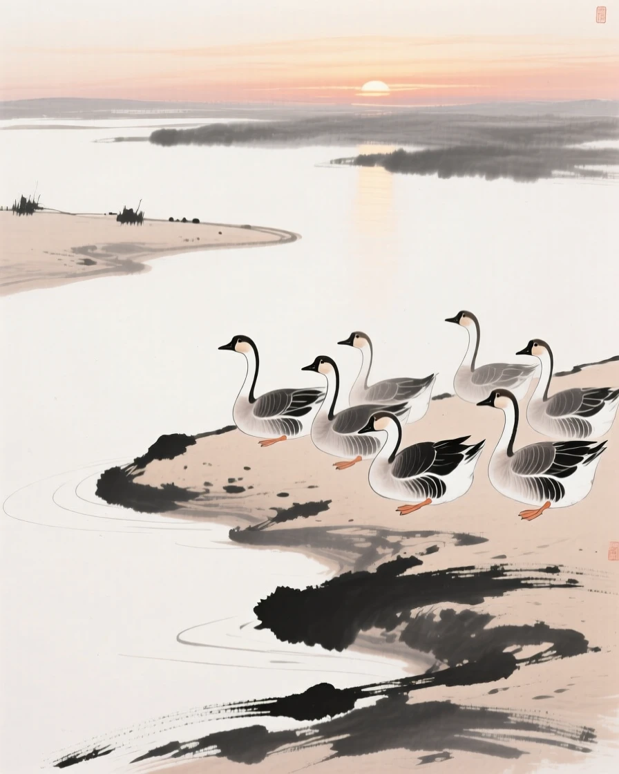 A flock of geese rests on a sandbar at dusk, as the last light of day fades over the horizon.