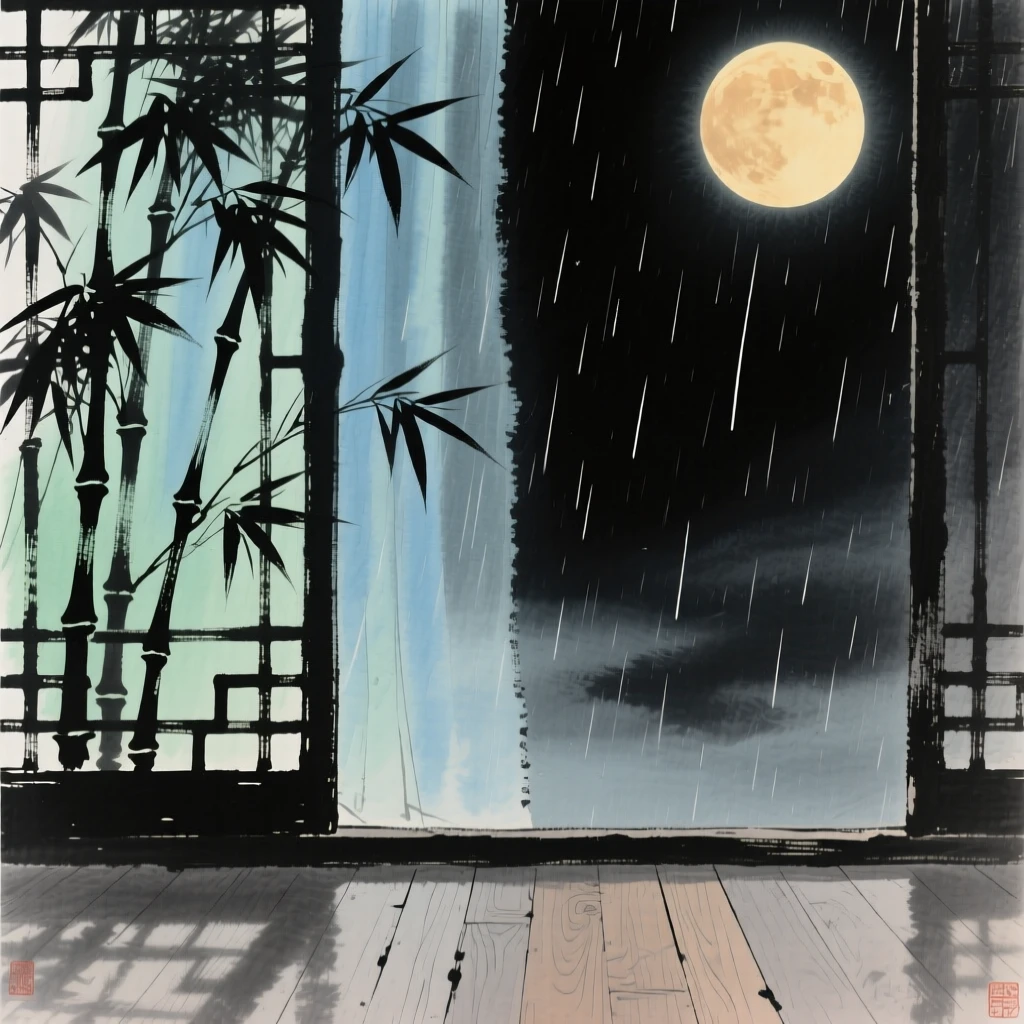 Moonlight falling softly through a bamboo lattice window, through a curtain of fine rain, under a full moon.