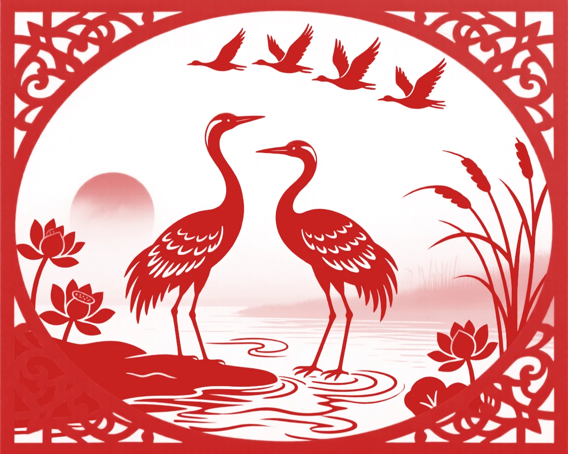 A composition of a pair of egrets along a misty riverbank at dawn, wild geese flying in formation overhead.