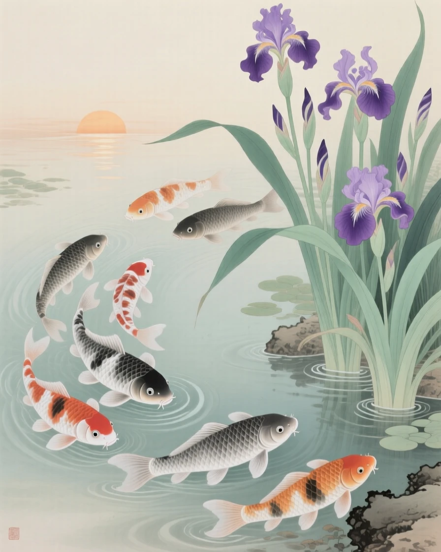 A school of koi fish swimming in circles in a garden pond surrounded by iris flowers