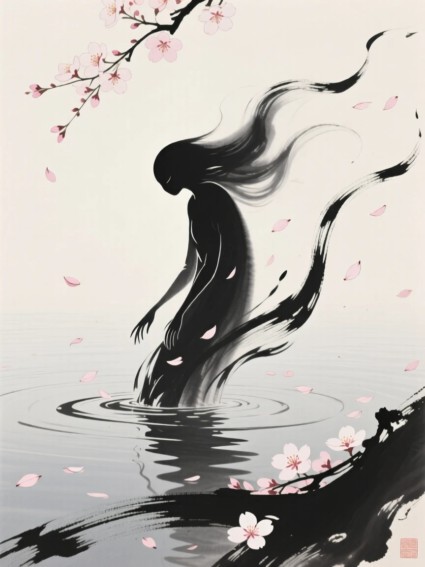 A water spirit emerging gently from a still lake amid drifting cherry blossom petals, composed with sweeping, dynamic movement across the frame, evoking wonder, myth, and quiet reverence.