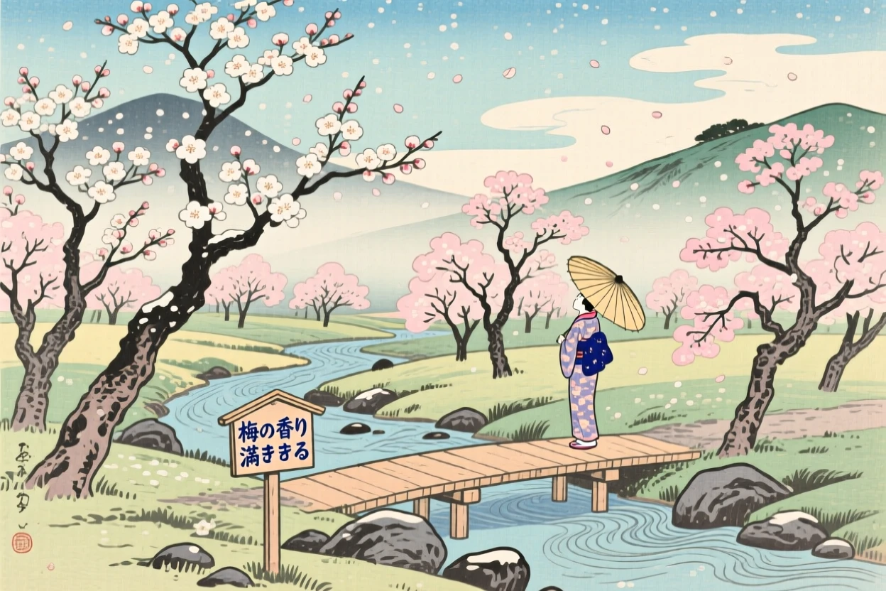 A blossoming plum orchard, filled with the scent of blooming flowers.