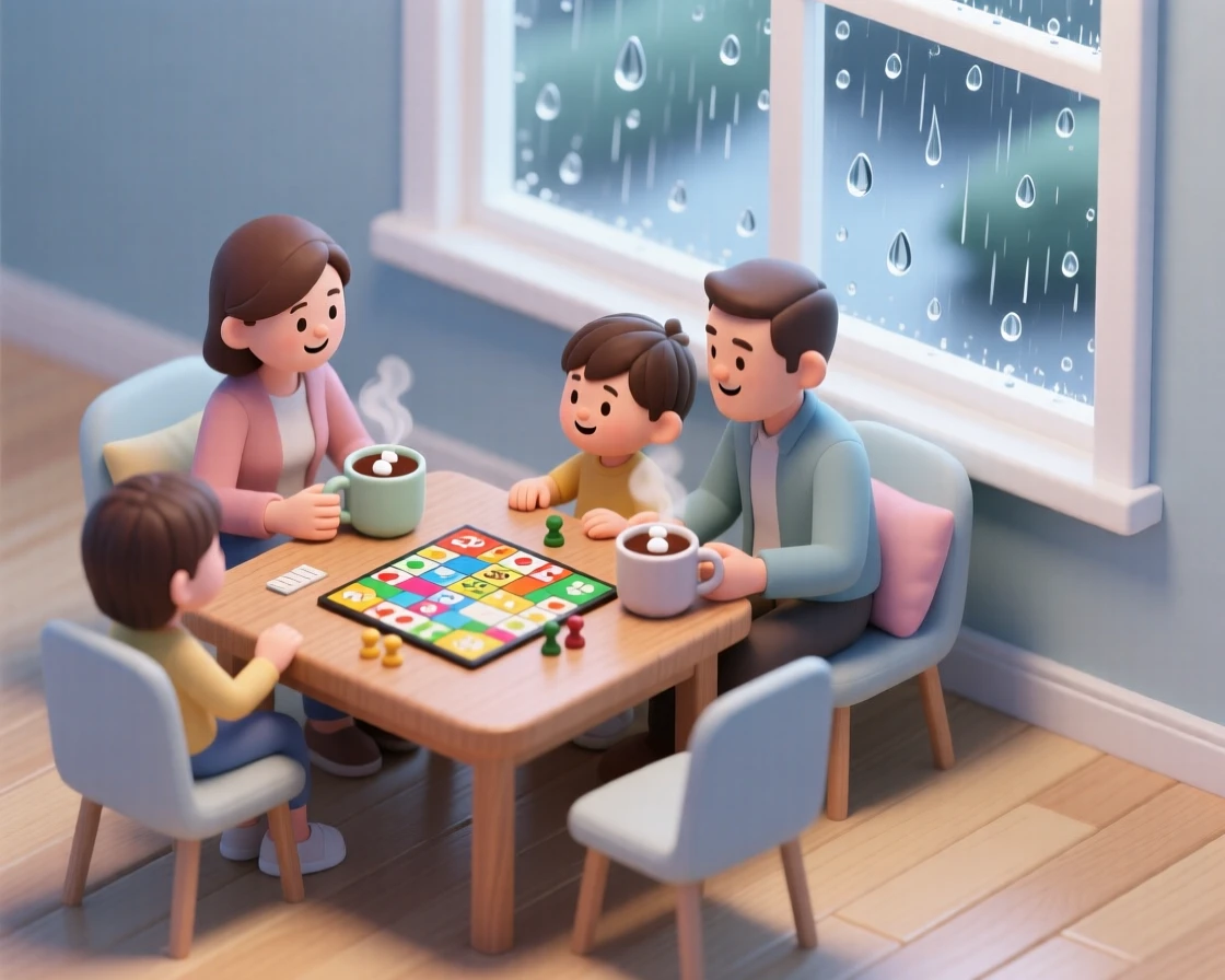 A rainy day scene with a family playing board games at a table, hot cocoa mugs steaming, and raindrops streaking down a nearby window.