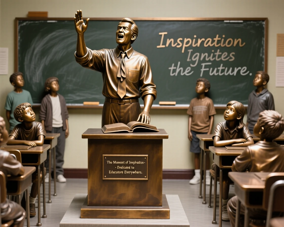 A teacher inspiring a room of eager students, in a moment of pure emotion, forming a strong central focal point