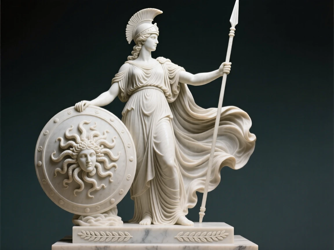 An epic scene of Athena standing guard with shield and spear, cloaked in flowing fabric that ripples in the wind, evoking myth and grandeur