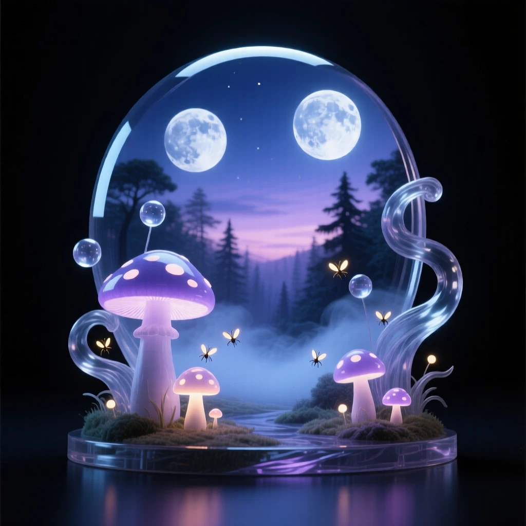 A magical forest with glowing mushrooms and fireflies under a twilight sky filled with two moons, atmospheric fog rolling through the scene, feeling mysterious and enchanting.