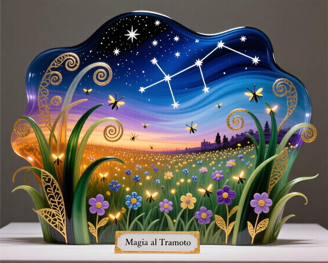 A meadow filled with fireflies glowing at dusk beneath a starry sky, magical and enchanting.