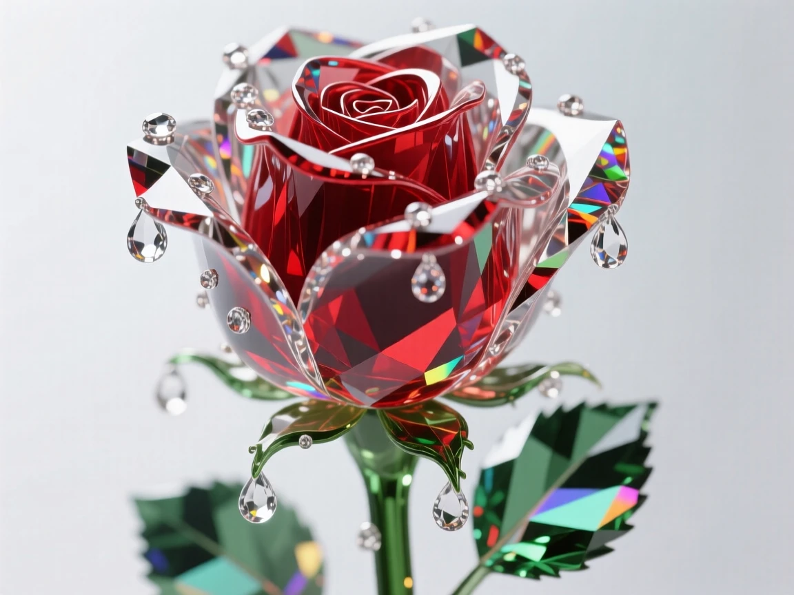 A single perfect rose with dew drops clinging to velvety crimson petals, soft morning light.