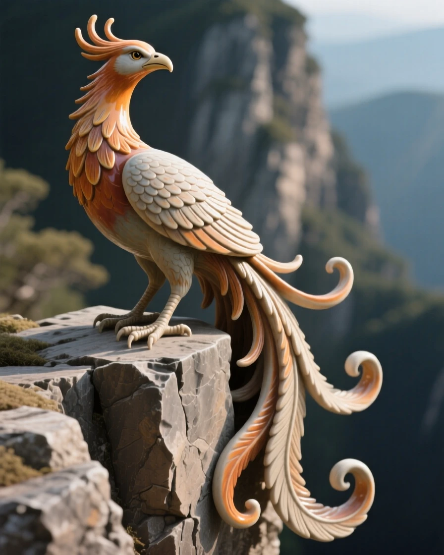 A phoenix rising in a burst of feathers perched watchfully at the edge of a cliff, with delicate feathers trailing like ribbons, stirring a sense of awe and quiet reverence.