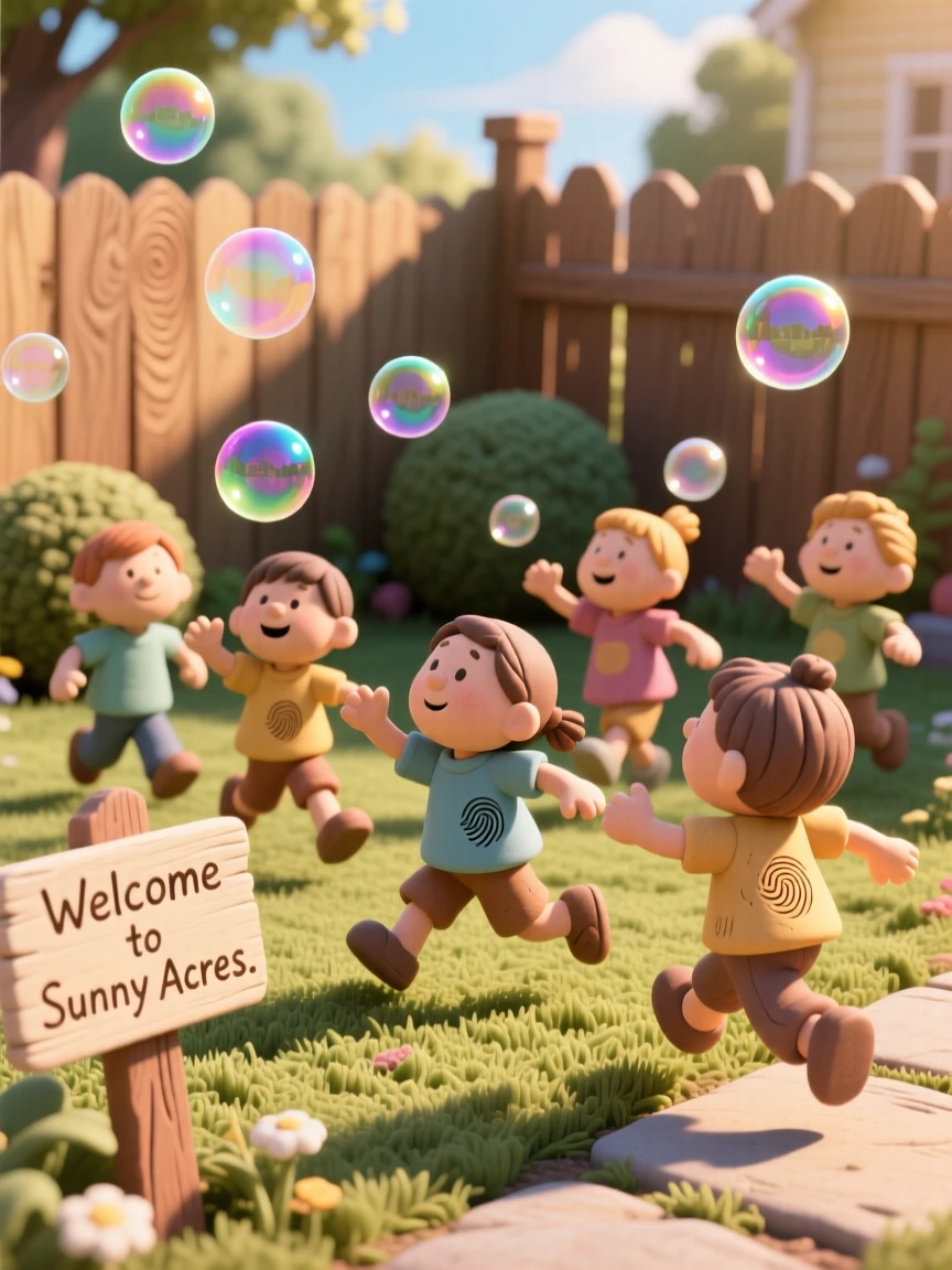 A group of children chasing bubbles across a sunlit backyard