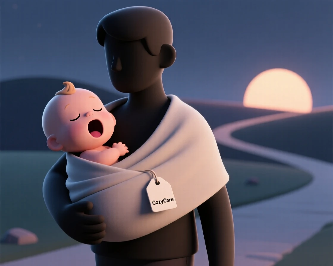 A sleepy baby yawns wide while being carried in a soft wrap against a parent's chest during an evening walk.