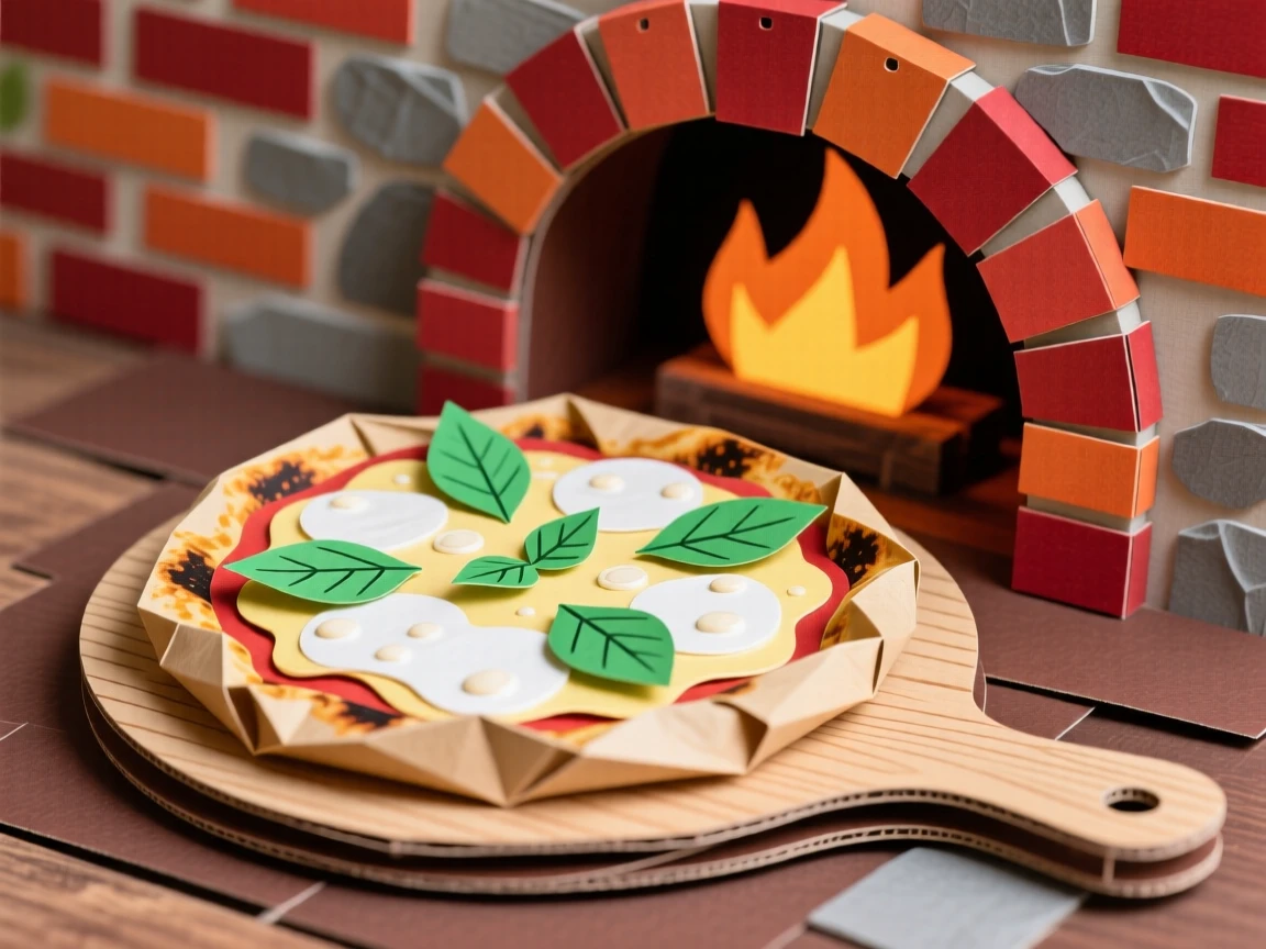 A rustic Italian pizza fresh from a wood-fired oven, bubbling mozzarella and fresh basil leaves atop a charred crust, evoking authentic comfort food.