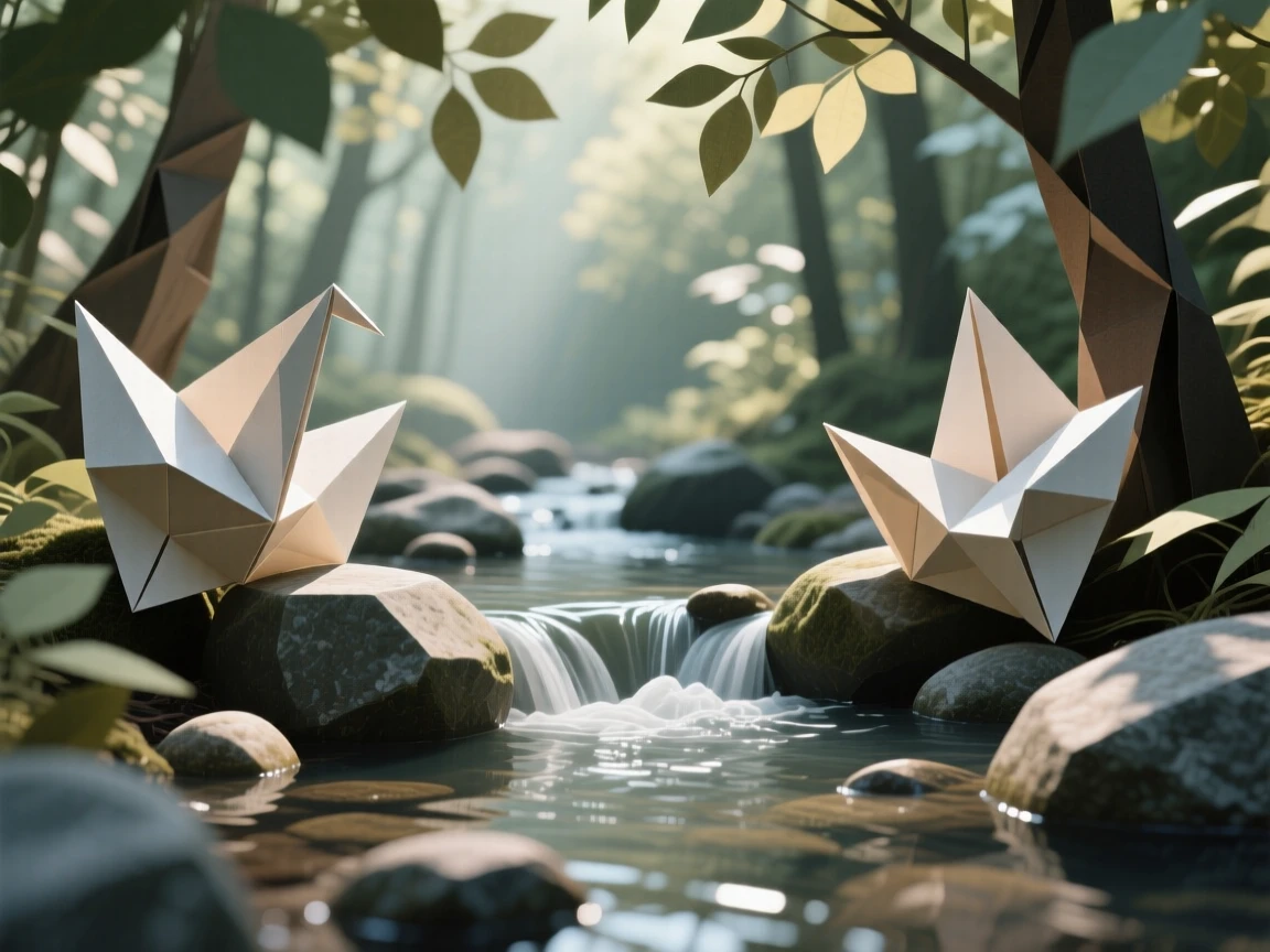 A quiet forest stream tumbling over smooth stones, dappled light falling on the water.