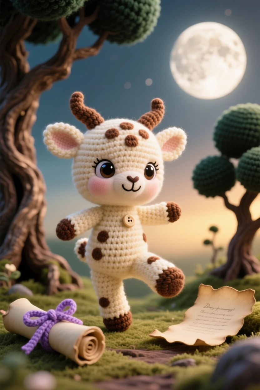 A charming portrait of a small baby faun, with soft spotted fur on its legs, dancing lightly through a sunlit glade beside a tiny scroll tied with a ribbon in a moonlit clearing surrounded by ancient trees, conveying a sense of gentle magic and quiet wonder.