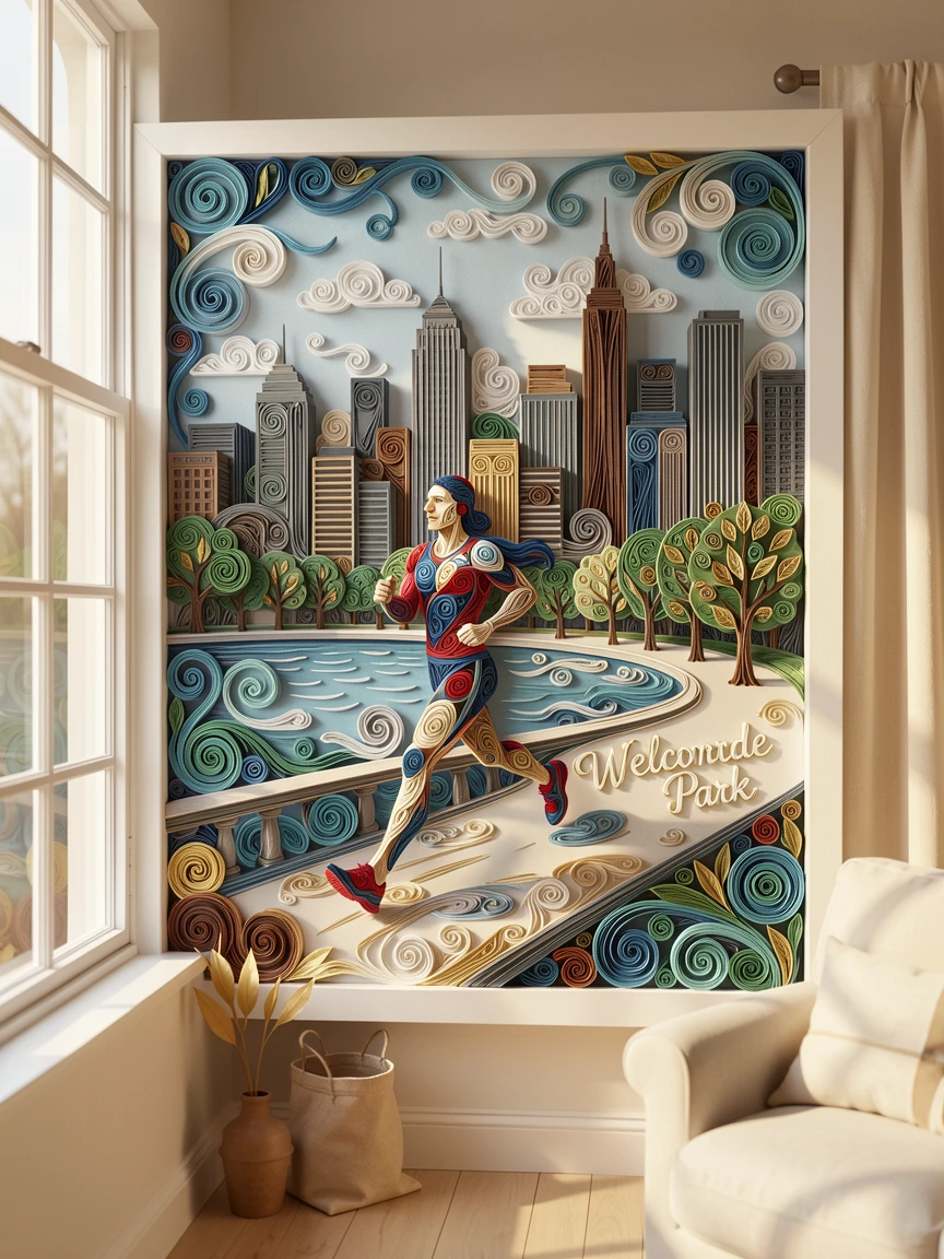 A relaxed modern lifestyle scene of a runner jogging along a scenic city waterfront in a sunlit studio apartment, with soft golden afternoon light throughout, framed from a casual eye-level perspective.