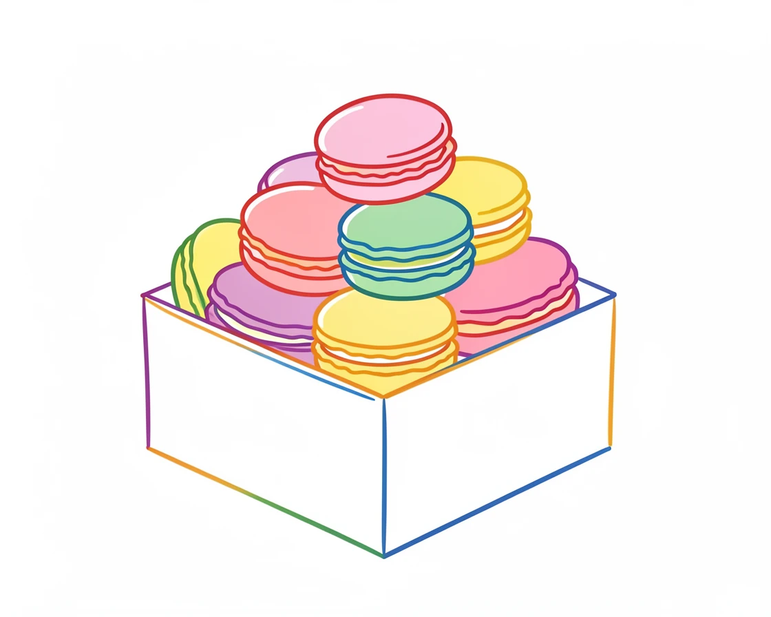 A cluster of colorful macarons stacked in a pastry box.