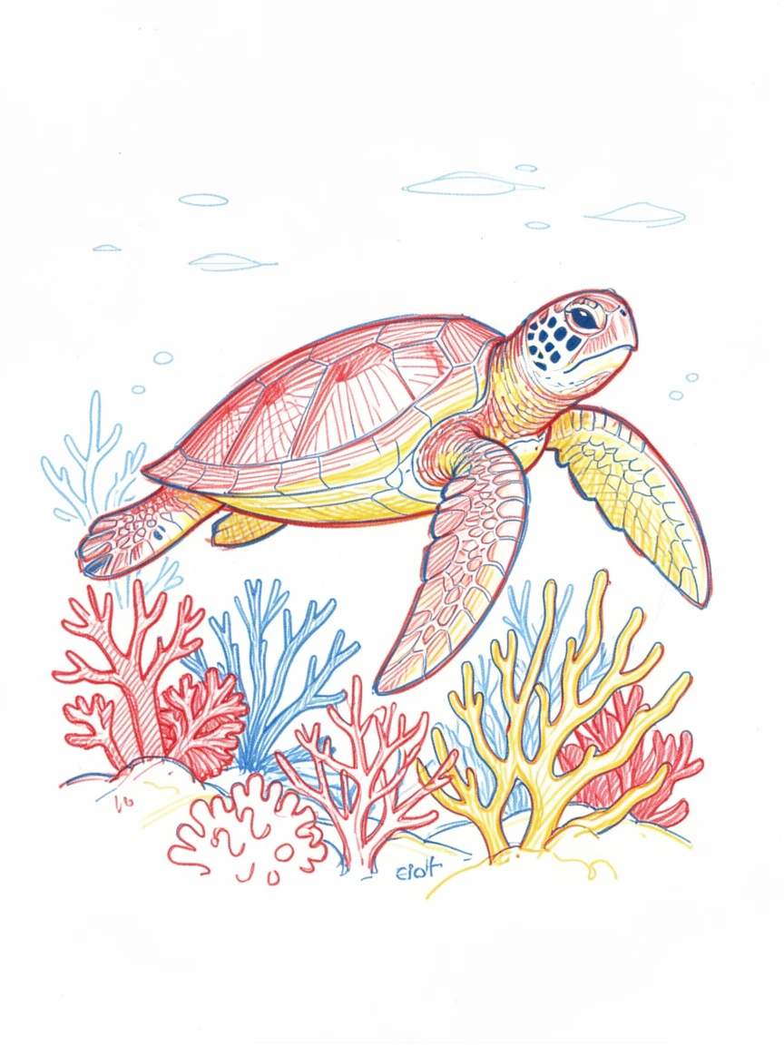 A sea turtle gliding gracefully over a vibrant coral reef