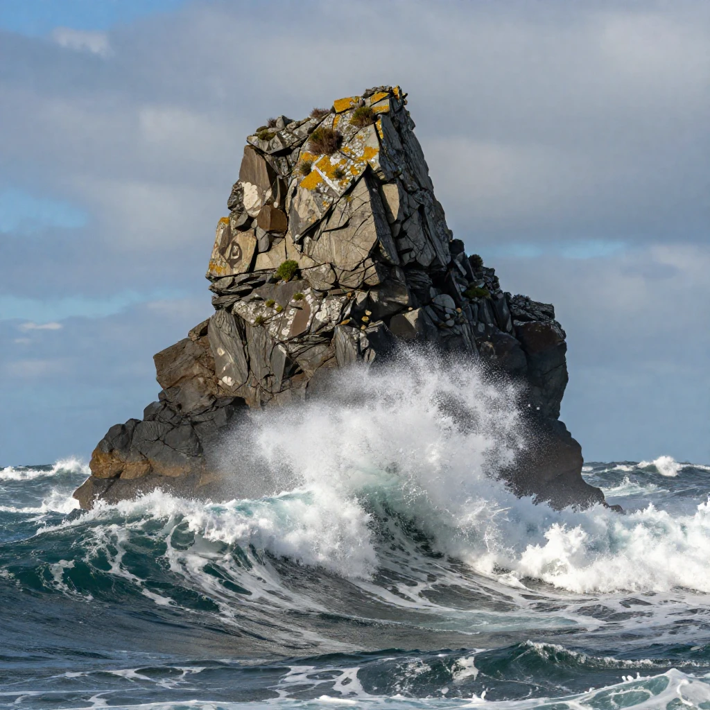 A dramatic sea stack rising from crashing ocean waves
