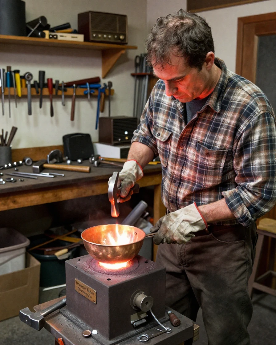 A metalsmith hammers a copper bowl into shape at a small forge.