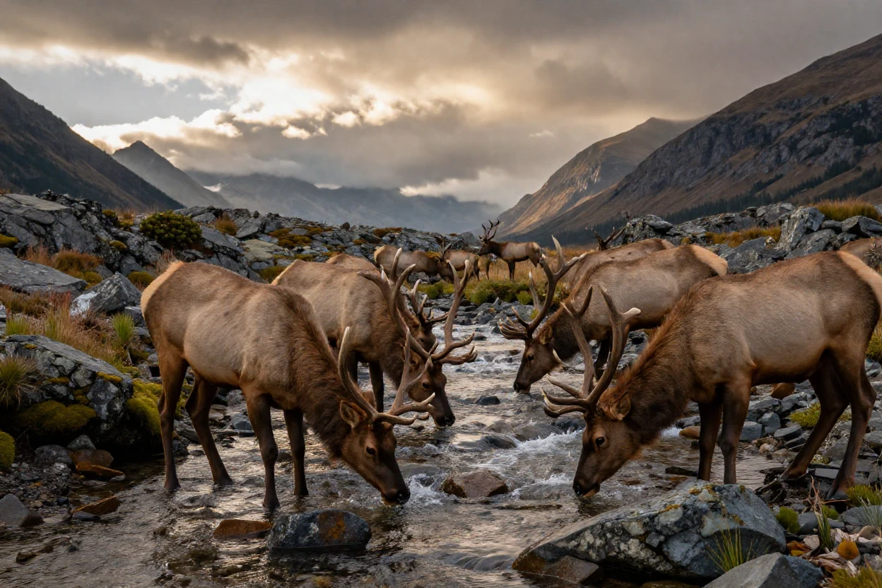A herd of elk drinking from a clear mountain stream along a rugged coastal shoreline