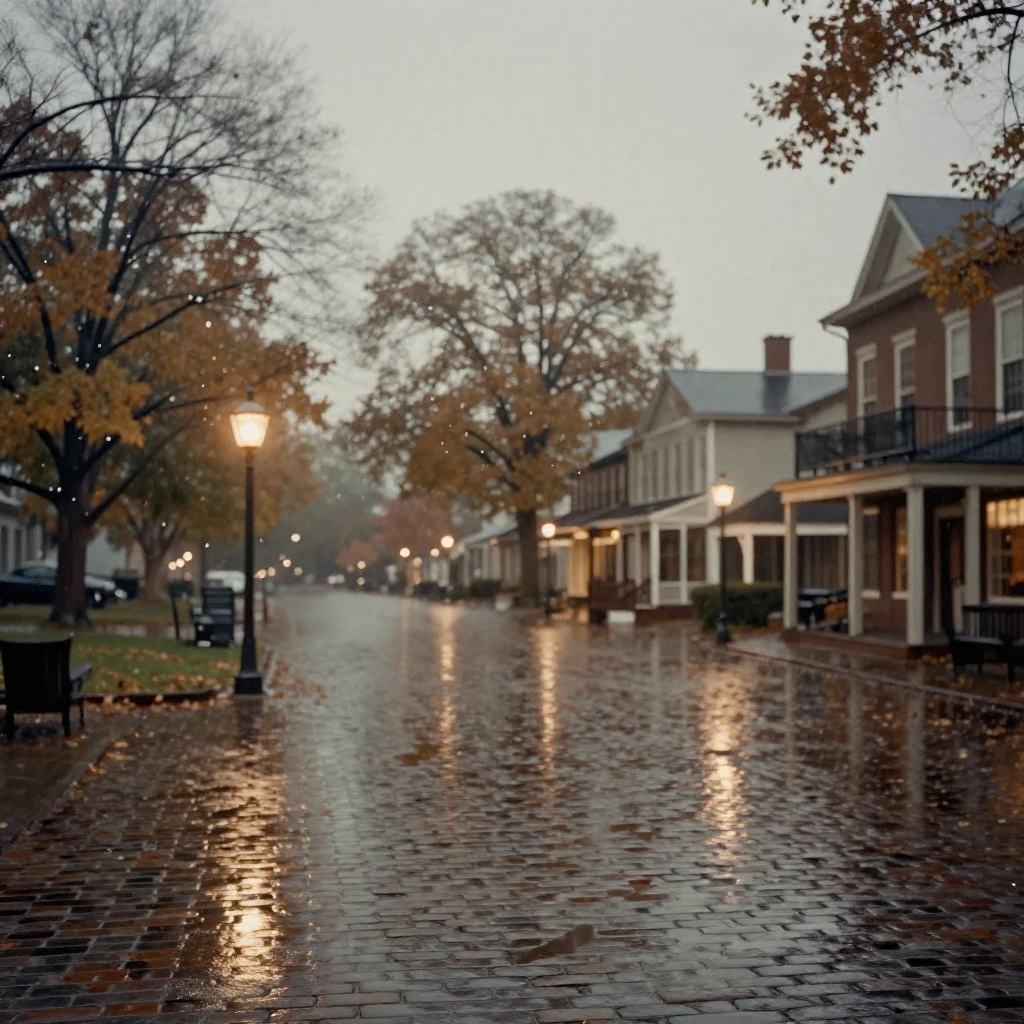 A quiet village square lit by soft lantern light after dark, under a canopy of stars, just after a rain shower, with puddles reflecting the sky, in late autumn, in warm honey and cream tones, through a rain-streaked window.