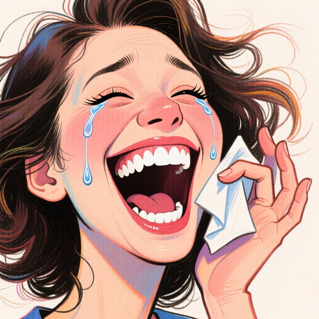 A woman laughing so hard at her own joke that she's wiping away tears.