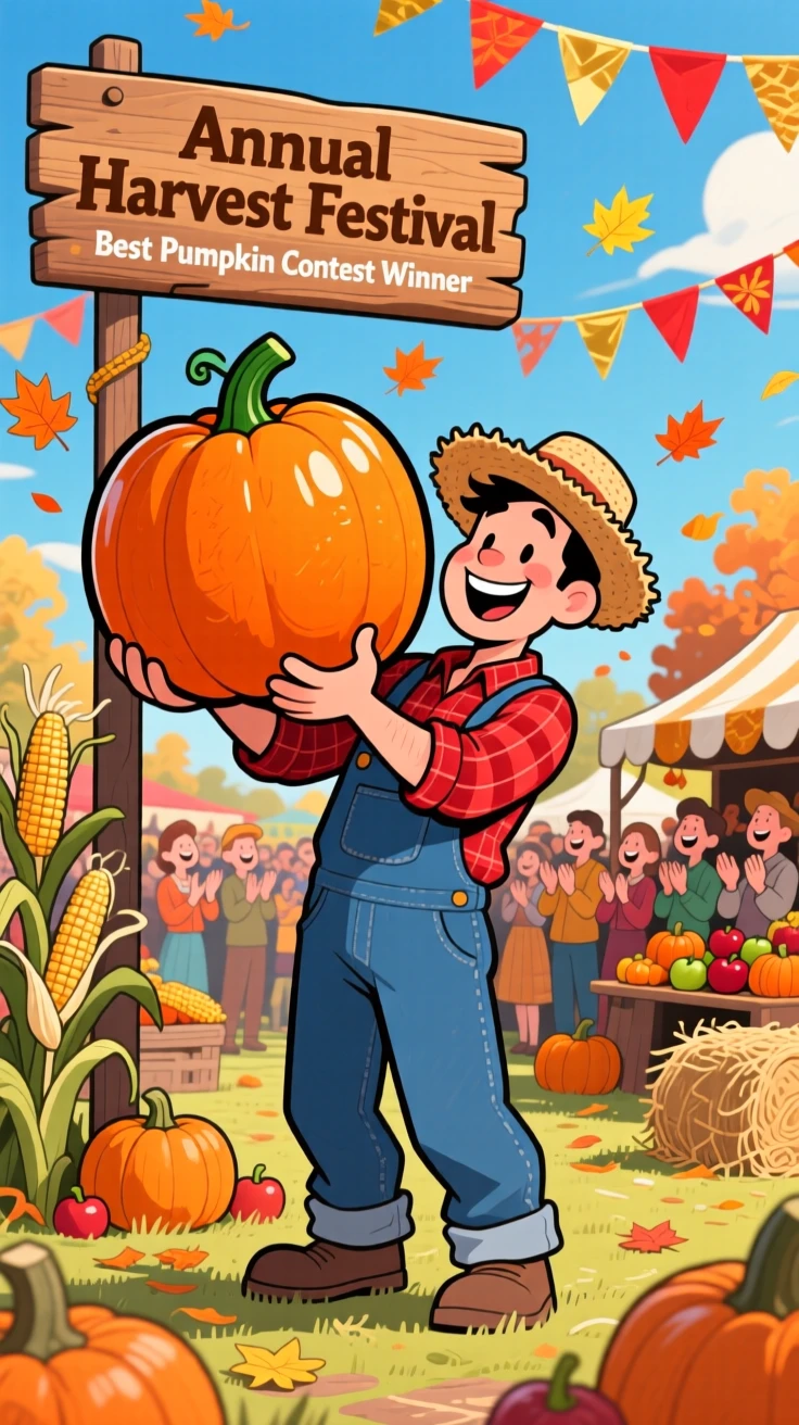 A festive celebration scene of a harvest festival scene with a farmer proudly displaying an enormous prize pumpkin.