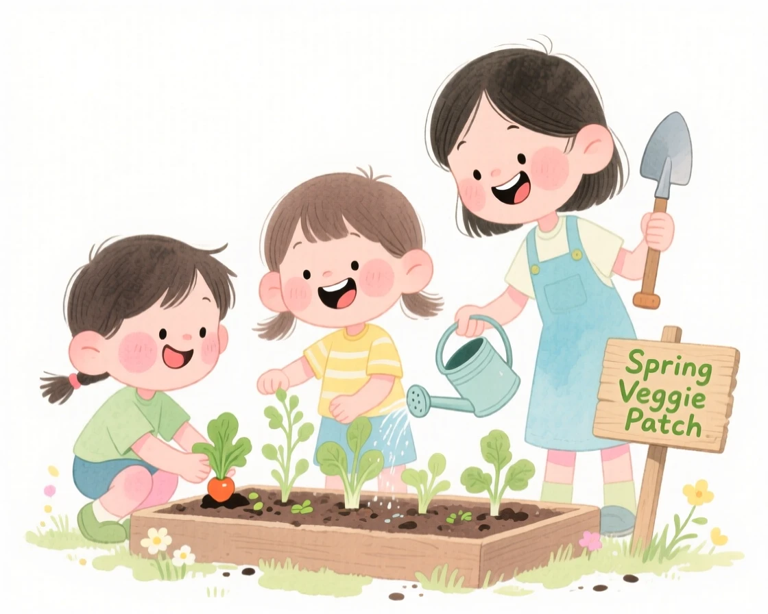 Siblings of different ages planting a vegetable garden together in spring