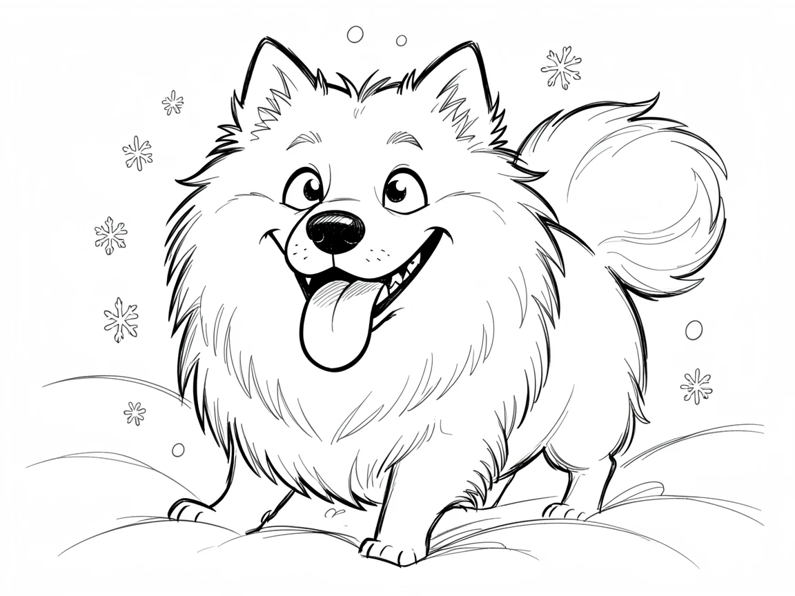 [Cute Animals & Pets] Adorable scene of a fluffy Samoyed smiling with its tongue out in the snow, bursting with charm and playful energy