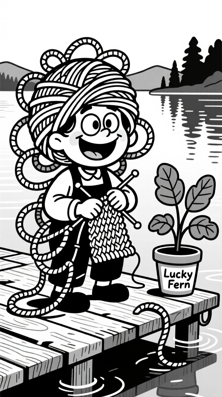 A knitter surrounded by an impossibly tangled ball of yarn, hopelessly tangled from head to toe in yarn, set on a wooden dock beside a calm lake. A wobbly potted plant nearly topples over. There's pure, giddy passion radiating from the scene.