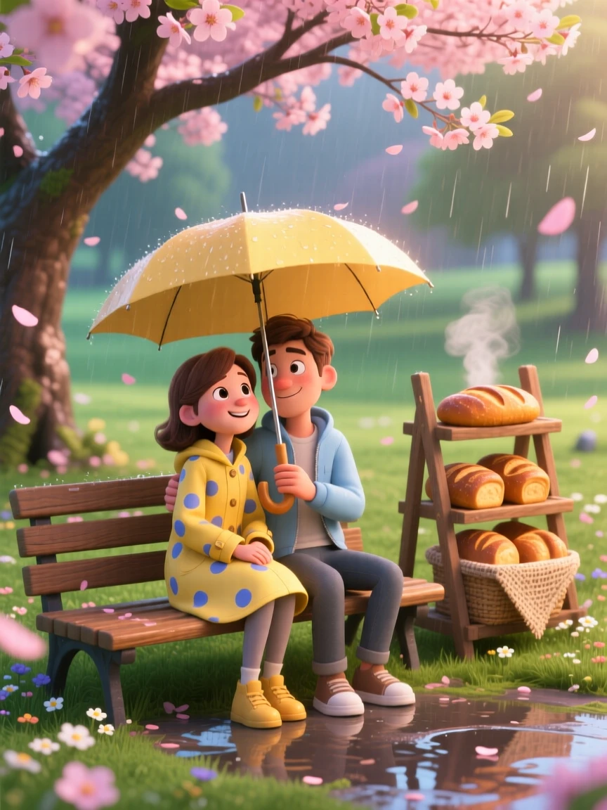 A young couple sharing an umbrella in light rain is captured on a park bench beneath a blossoming tree, with fresh bread cooling on a nearby rack. The mood is calm, familiar, and quietly delightful.