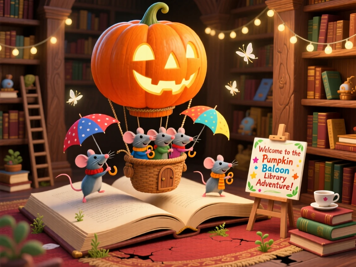 A group of umbrella-riding mice delights in steering a hot air balloon shaped like a pumpkin, tucked within a library built inside an enormous book, with everything slightly too big or too small in a charming way.