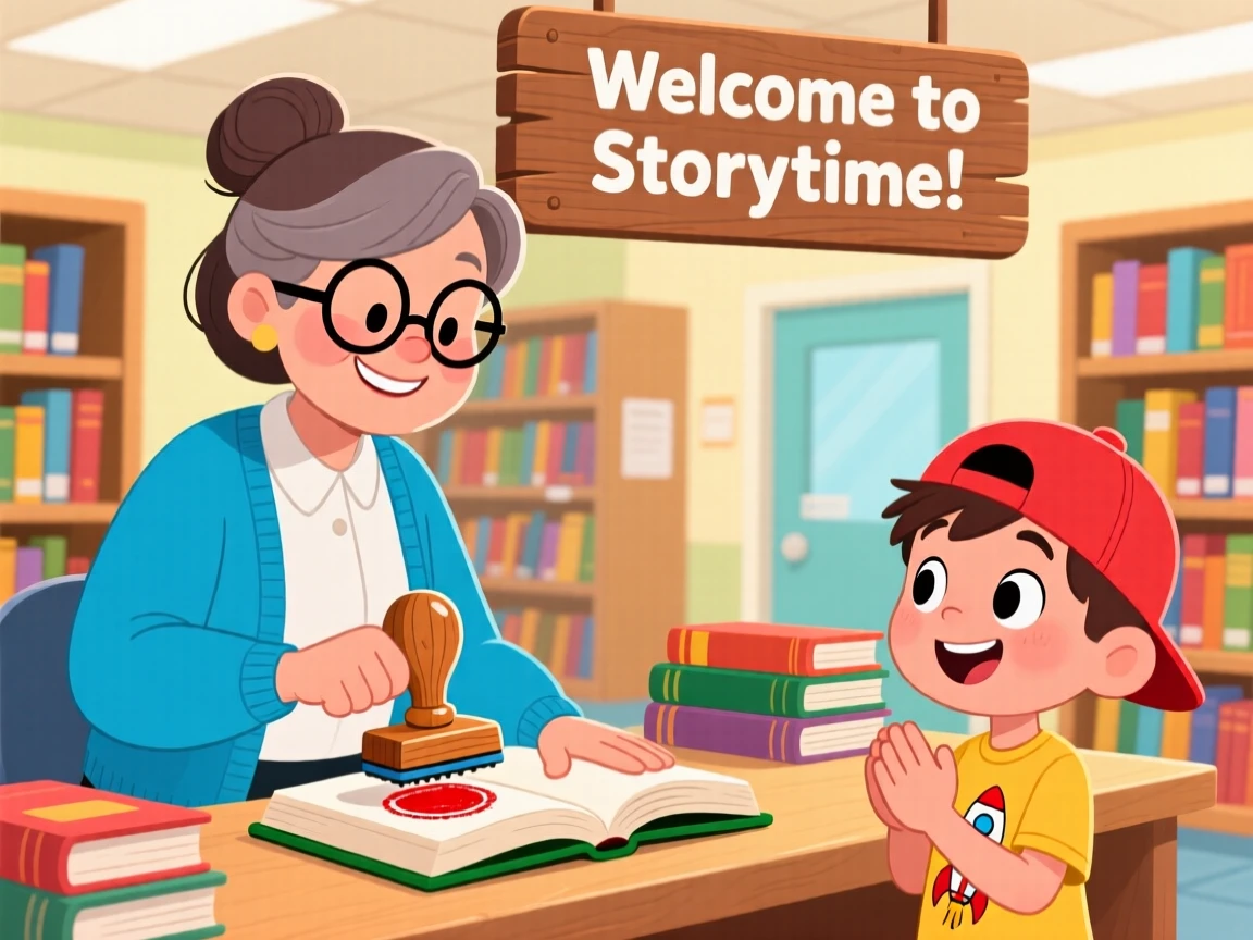 A librarian stamping a book while a child waits eagerly.