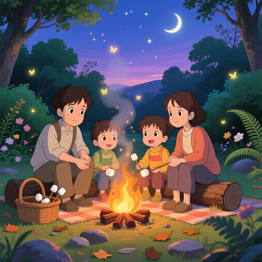 A family roasting marshmallows around a small campfire, the scene full of gentle love.