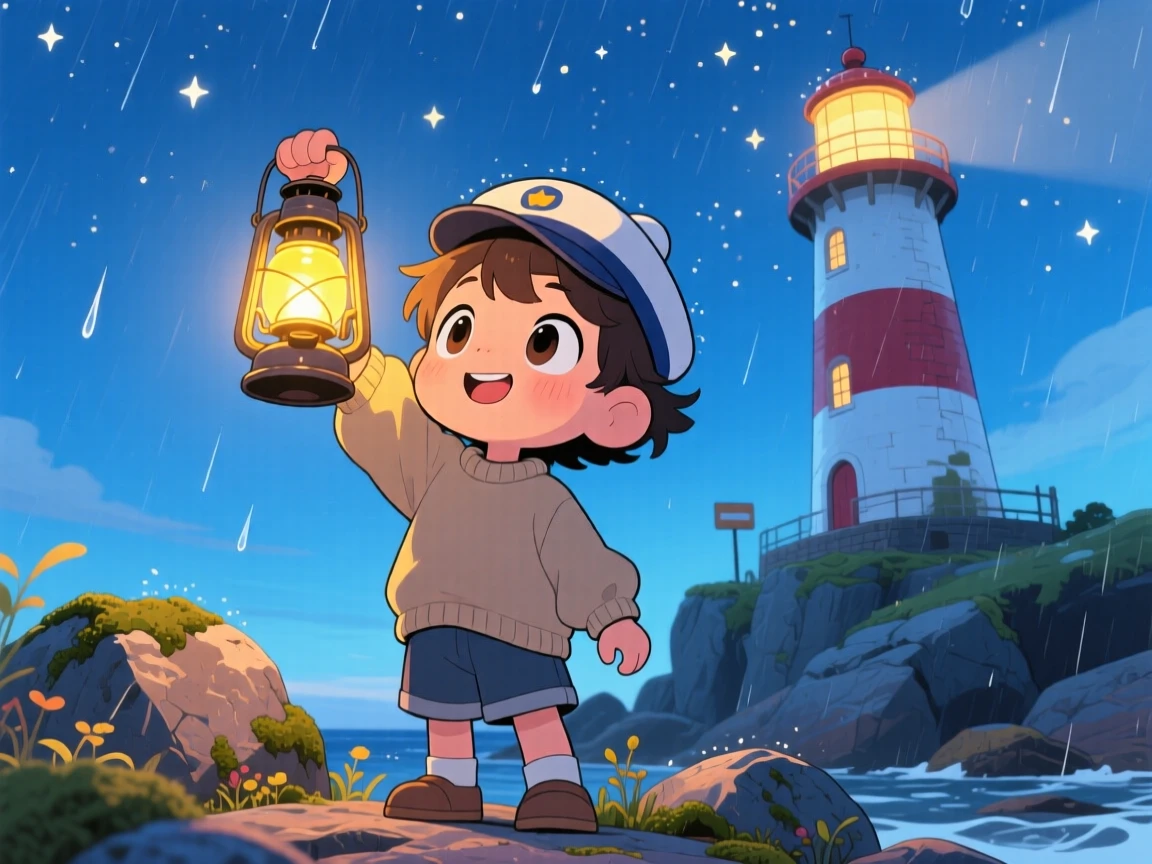 Low-angle shot looking up: a lighthouse keeper's child, signaling with a lantern during a storm, set against a rocky coastal lighthouse under a clear summer sky, with sparkling starlight and a mood of quiet contentment.