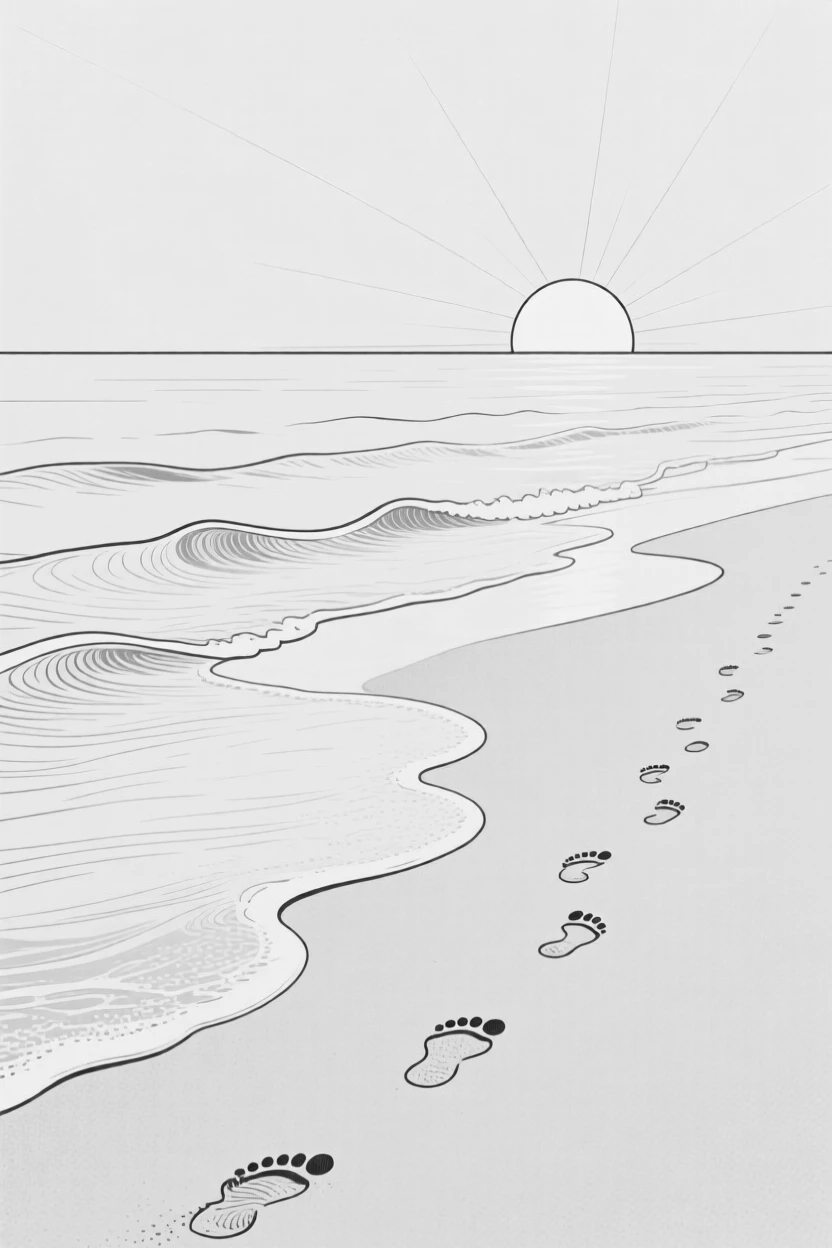 A tranquil beach at sunrise with gentle waves and footprints in the sand